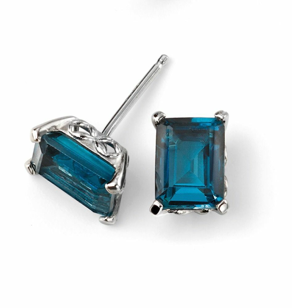 London Blue Topaz Stud Earrings 9k White Gold 375 Hallmarked British Made