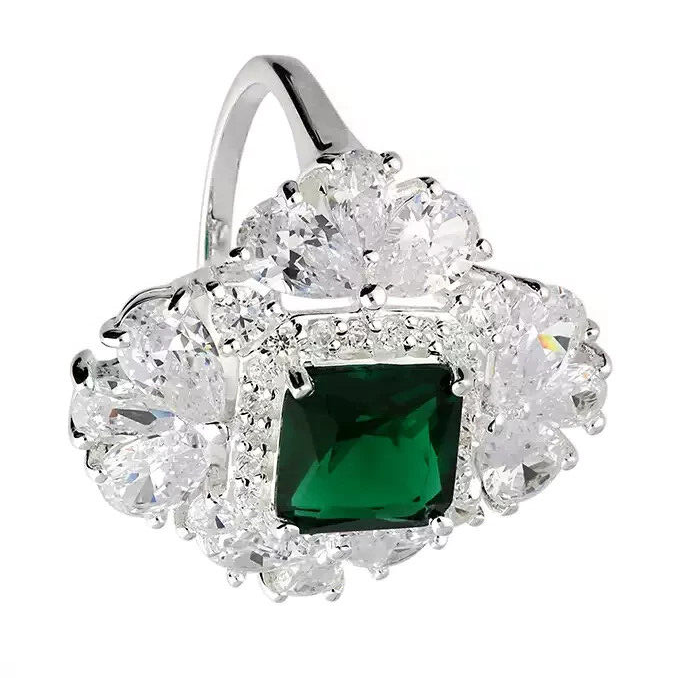 Cushion Halo Emerald Ring Sterling Silver 925 Hallmarked British Made Size M - R