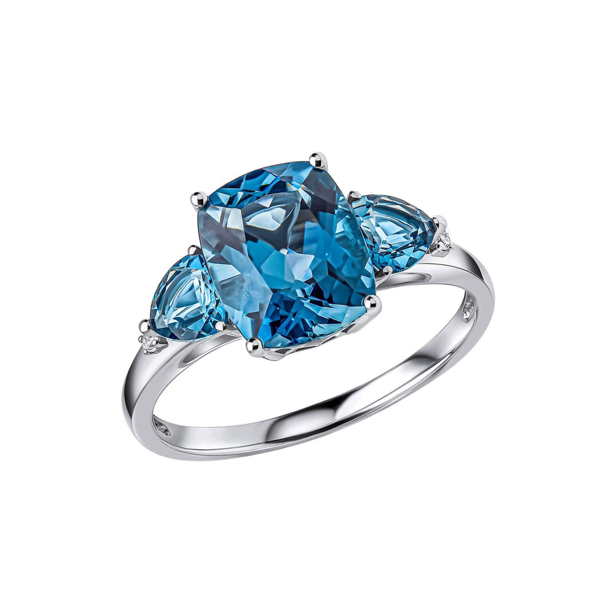 3 Stone London Blue Topaz Ring in Solid 9ct White Gold 375 Hallmarked