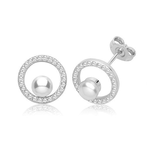 Pearl Open Circle Halo Stud Earrings Sterling Silver 925 Hallmarked British Made