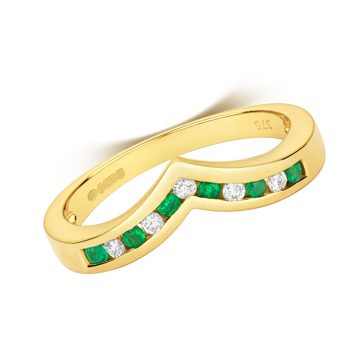 Emerald Diamond Wishbone Ring 9ct Yellow Gold 375 Hallmarked Sizes J - Q