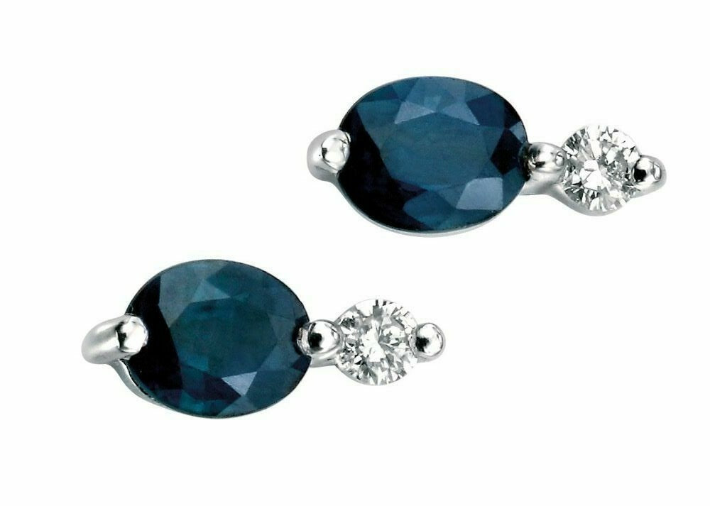 Sapphire and Diamond Stud Earrings 9ct White Gold Hallmarked British Made
