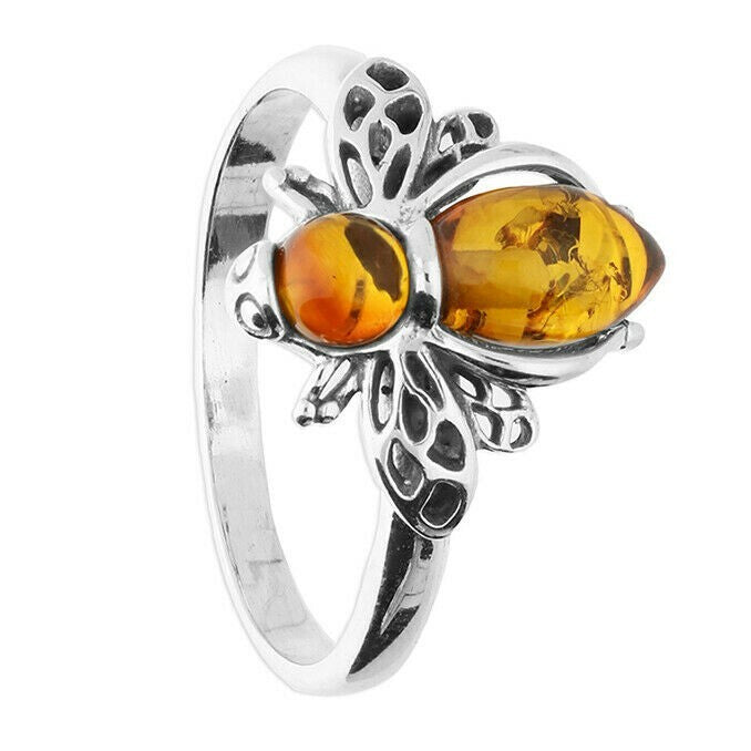 Cognac Amber Bumble Bee Ring Solid Sterling Silver 925 Hallmark (All Sizes)