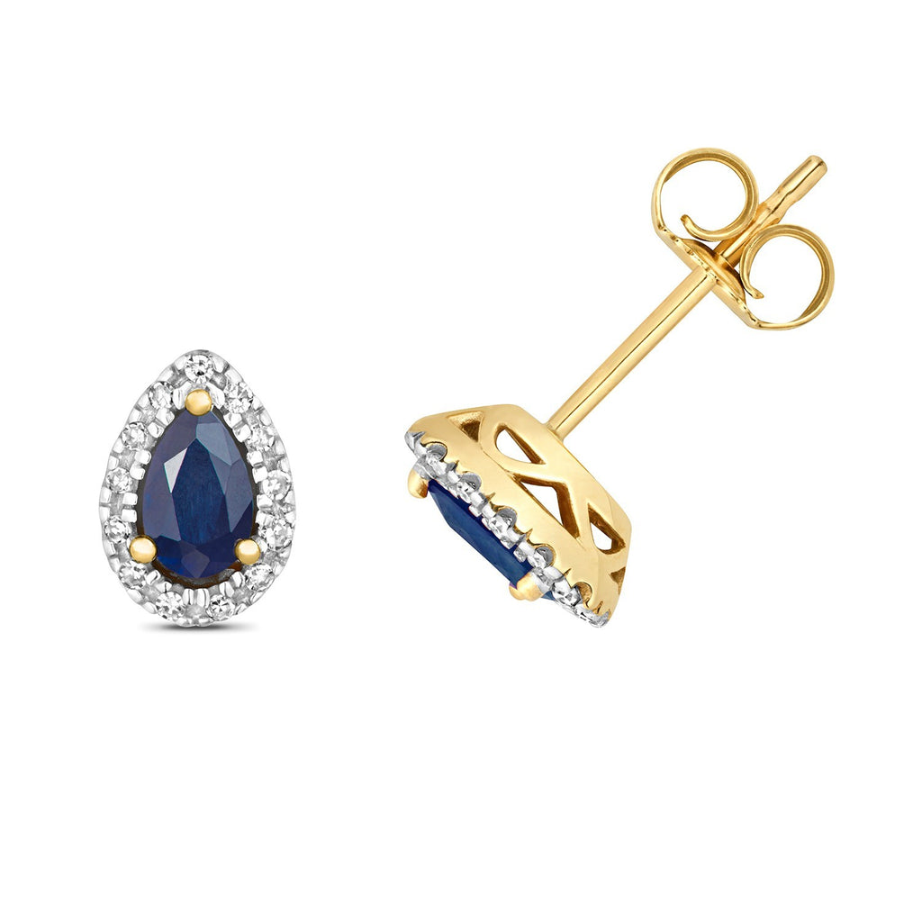 Sapphire Teardrop Diamond Stud Earrings 9ct Yellow Gold 375 Hallmarked