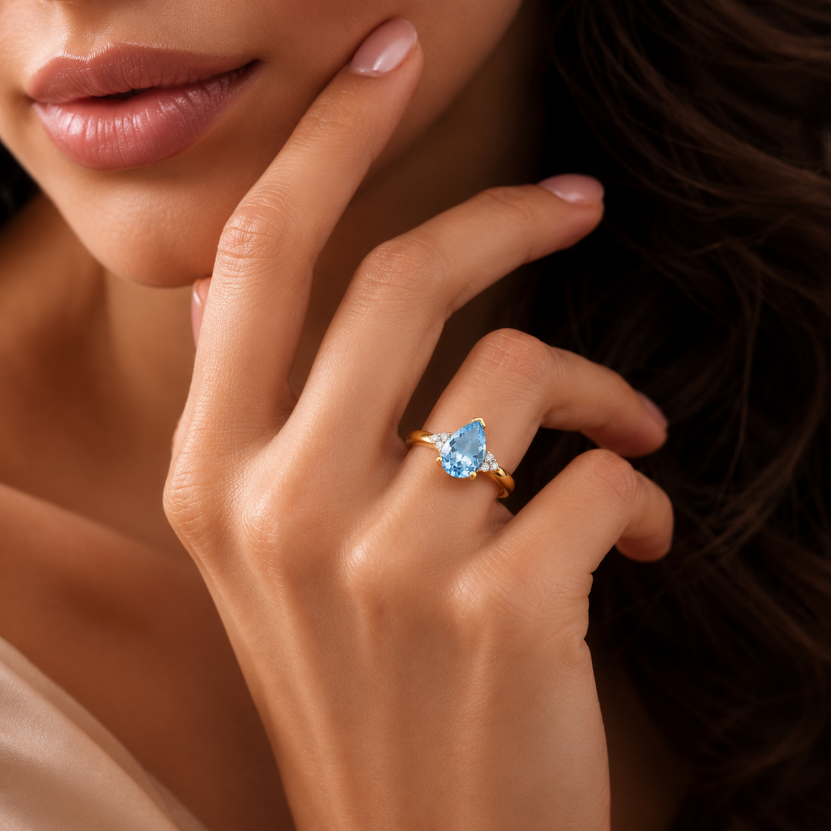 Teardrop Blue Topaz Diamond Ring 9ct 2 Tone Gold 375 Hallmarked Sizes J - Q