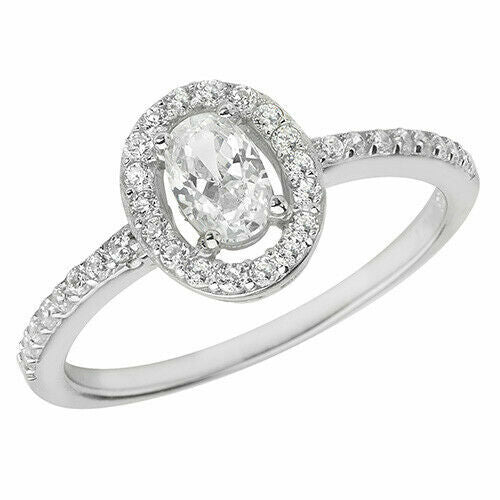 Sterling Silver Halo Ring Oval Engagement Gemstone 925 Hallmarked Size J - T