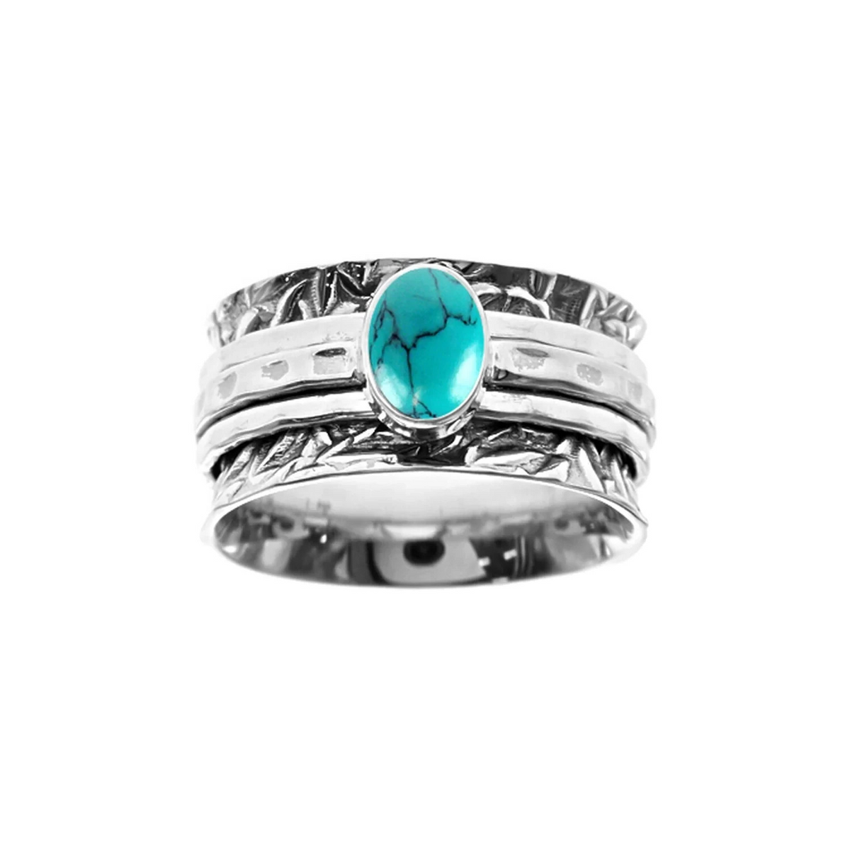 Oval Turquoise Textured Spinner Ring Sterling Silver 925 Hallmarked Size K - T