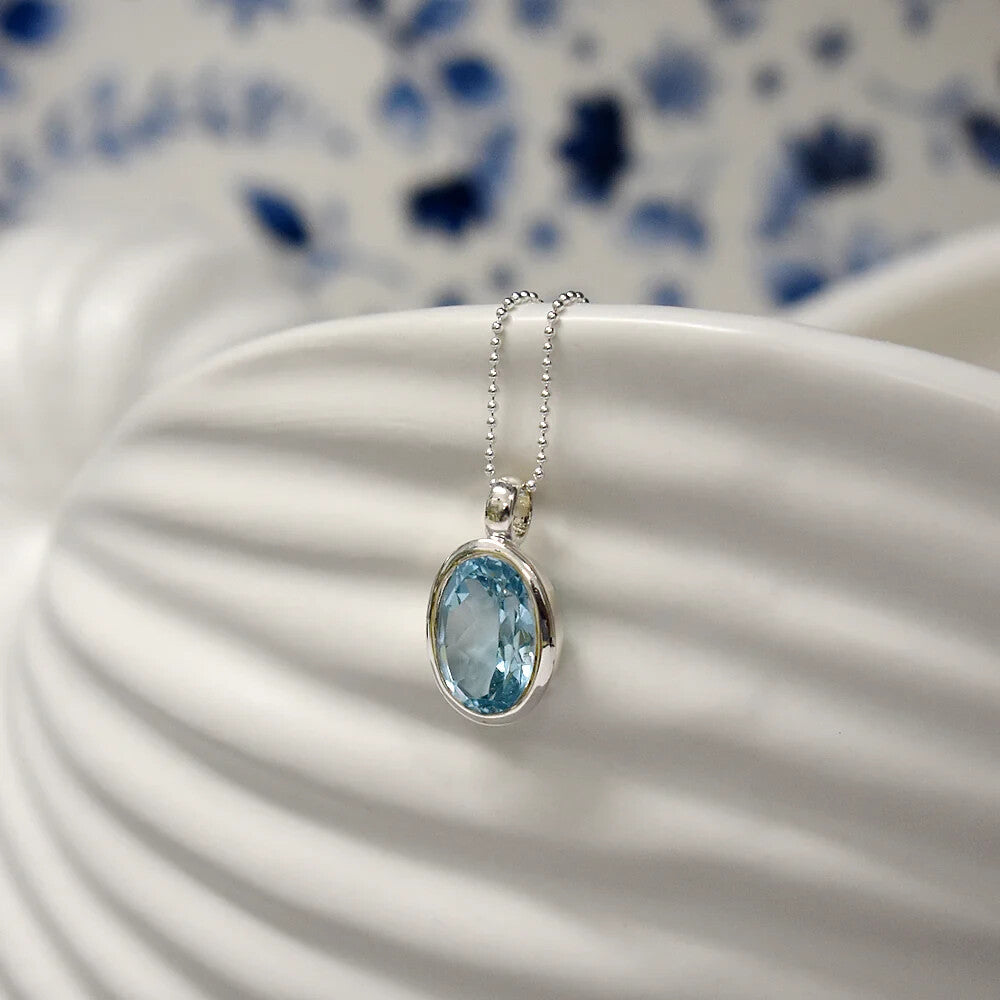 Bezel Blue Topaz Oval Pendant Sterling Silver 925 Hallmarked All Chain Lengths