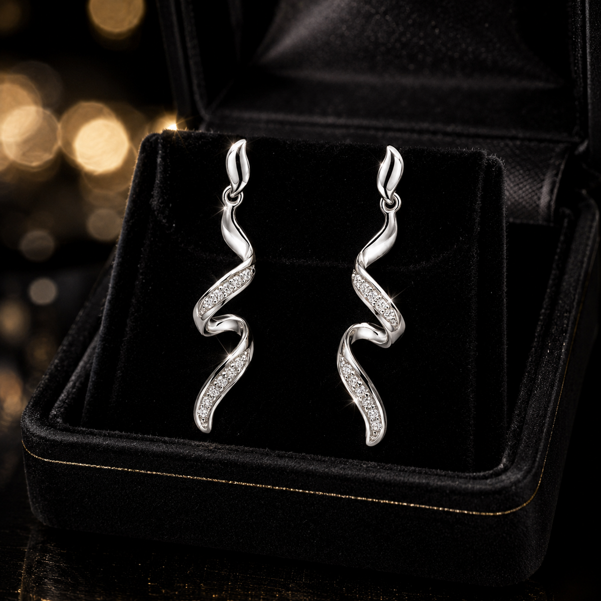 Diamond Twist Drop Earrings 9ct White Gold 375 Hallmarked British Made