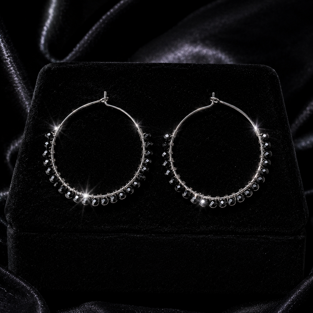 Black Onyx Beaded Hoop Earrings Sterling Silver 925 Hallmarked Brand New Boxed