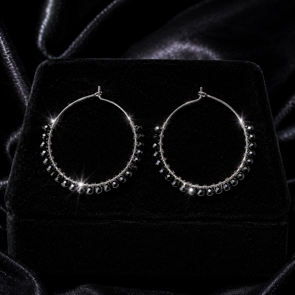 Black Onyx Beaded Hoop Earrings Sterling Silver 925 Hallmarked Brand New Boxed