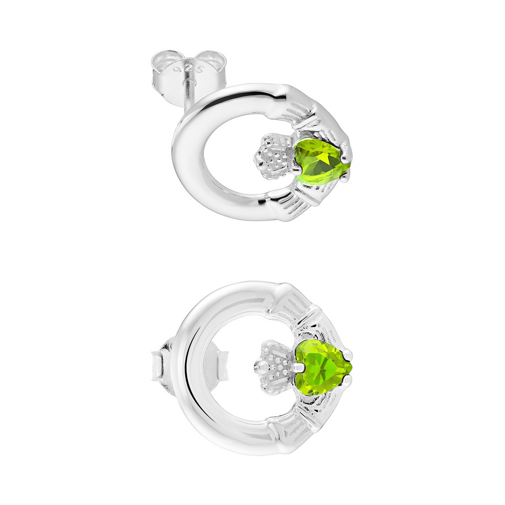 Peridot Claddagh Stud Earrings Sterling Silver 925 Hallmarked British Made