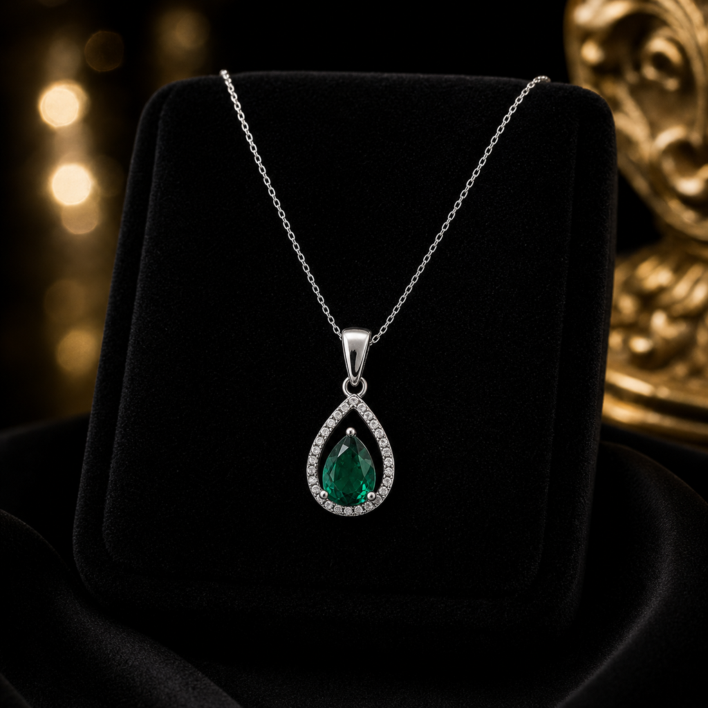 Silver Emerald Teardrop Pendant 925 Hallmarked British Made All Chain Lengths