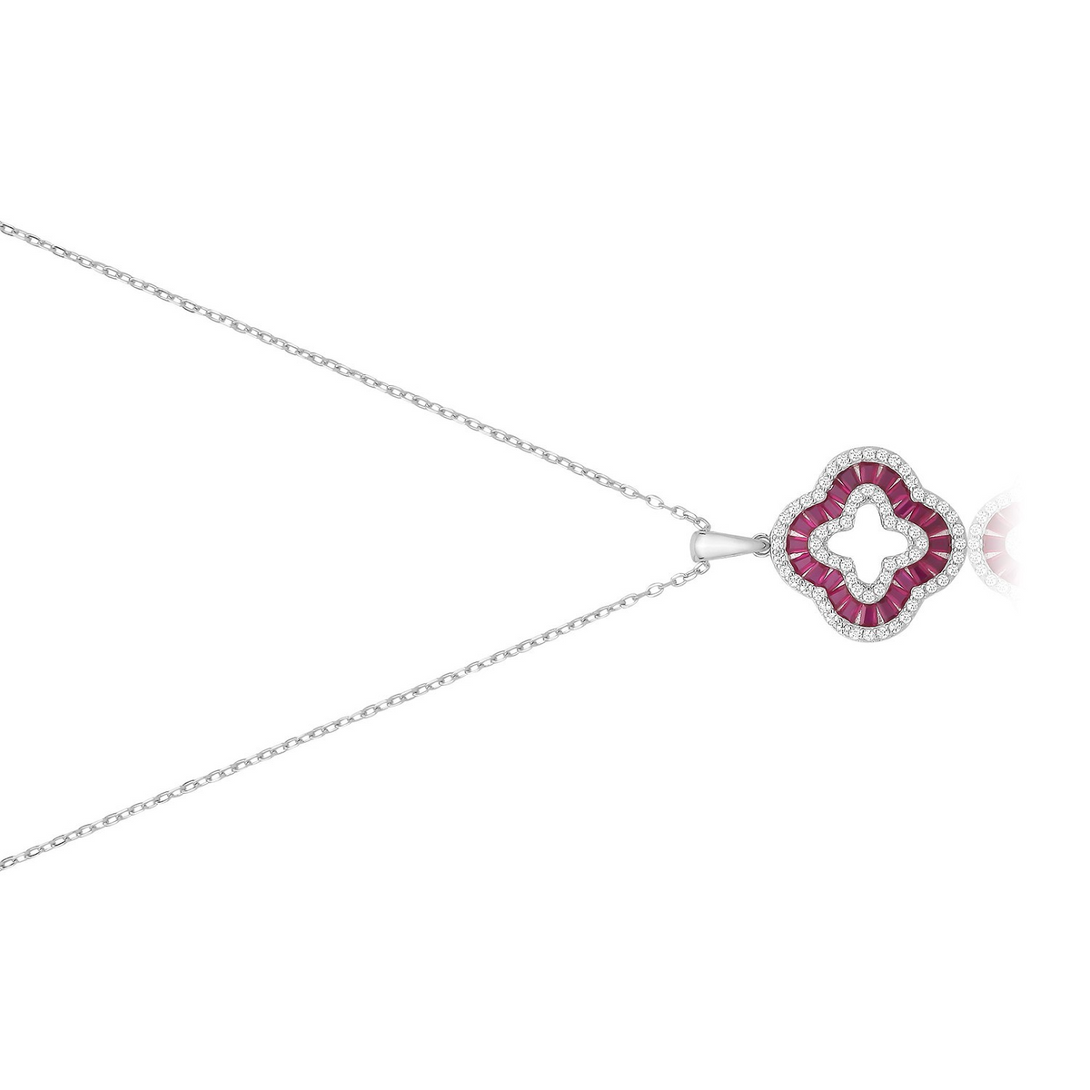 Ruby Baguette Clover Necklace Sterling Silver 925 Hallmarked British Made