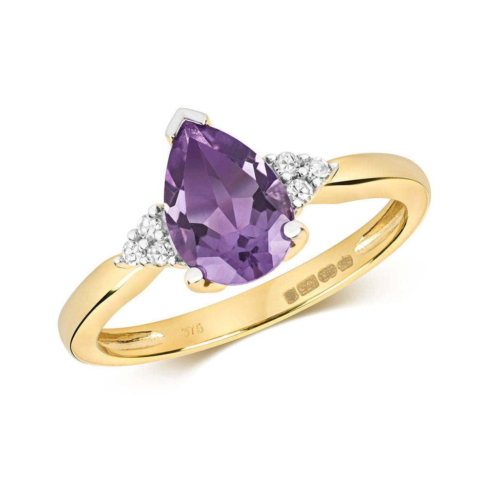 Teardrop Amethyst Diamond Ring 9ct 2 Tone Gold 375 Hallmarked Sizes J - Q