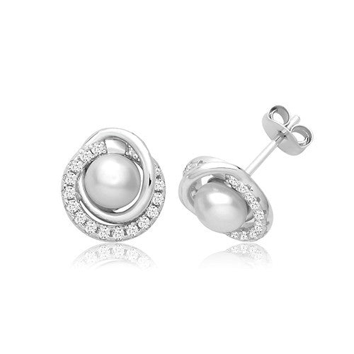 Pearl Swirl Halo Stud Earrings Sterling Silver 925 Hallmarked British Made