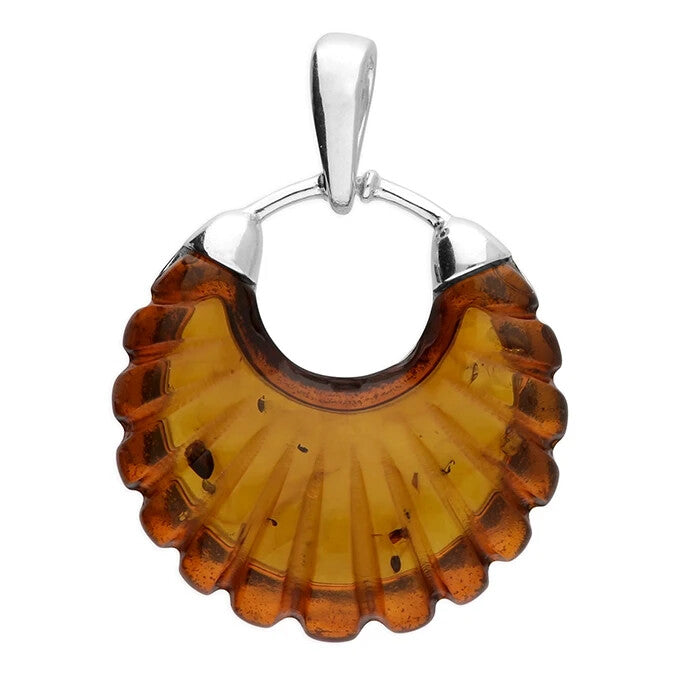 Scalloped Cognac Amber Pendant Sterling Silver 925 Hallmarked All Chain Lengths