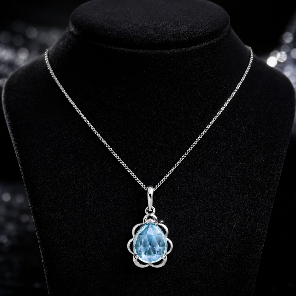 Floral Teardrop Blue Topaz Pendant 9ct White Gold 375 Hallmarked British Made