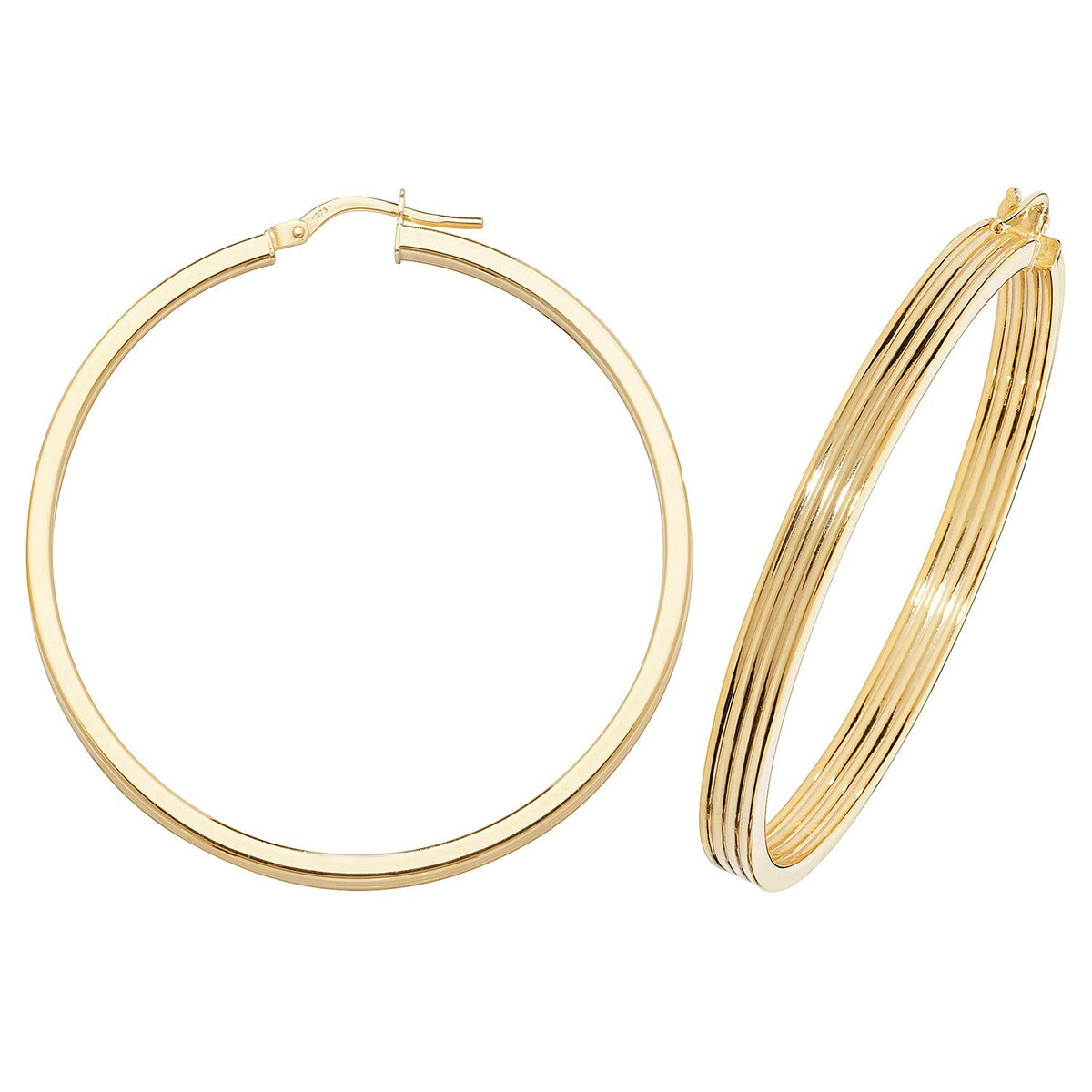9ct Yellow Gold Grooved Hoop Earrings 375 Hallmarked 10mm - 50mm Diameter
