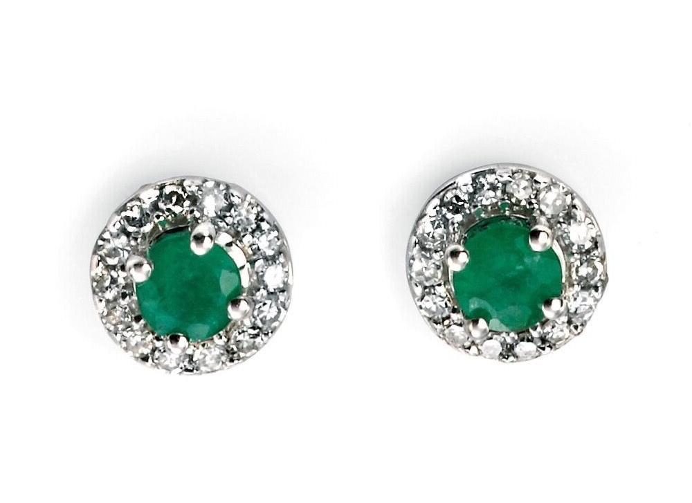Emerald And Diamond Halo Stud Earrings 9ct White Gold 375 Hallmark British Made