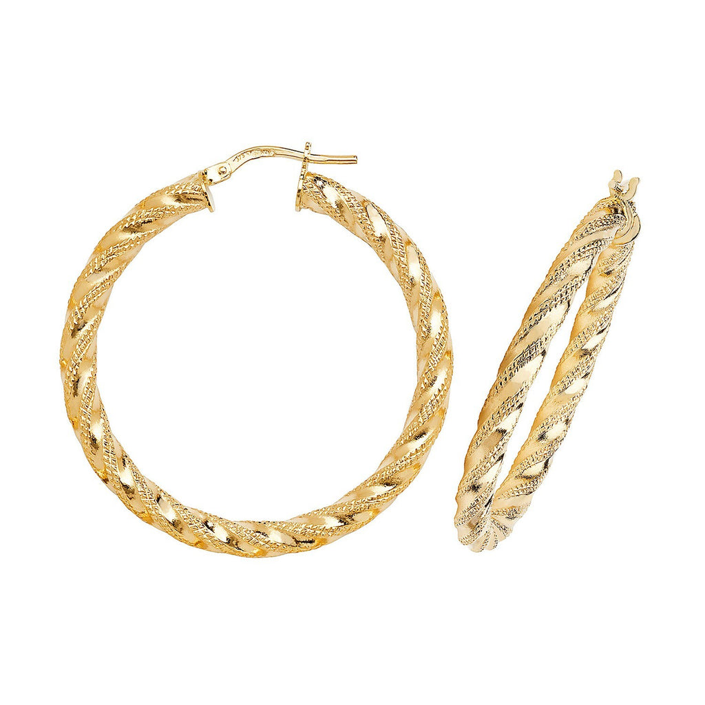 9ct Yellow Gold Diamond Cut Hoop Earrings 375 Hallmarked 10mm - 60mm Diameter