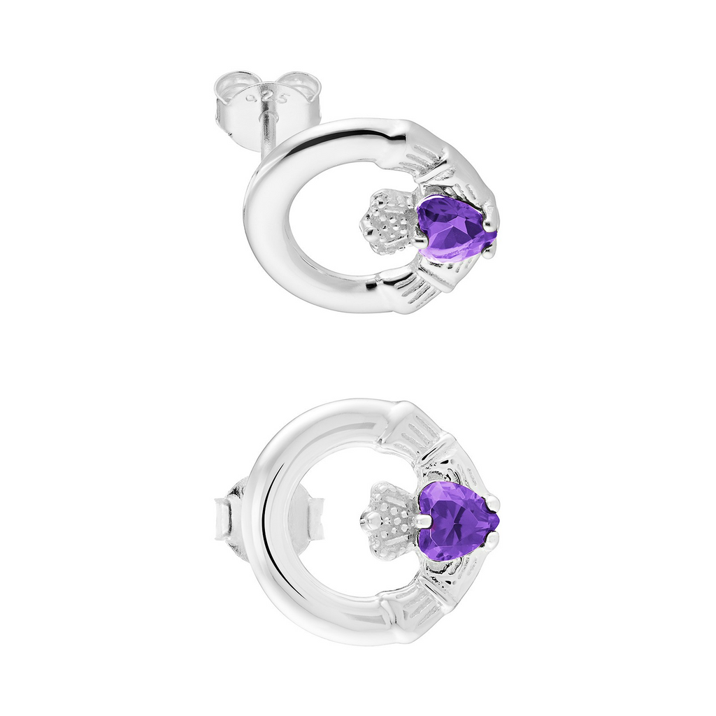 Amethyst Claddagh Stud Earrings Sterling Silver 925 Hallmarked British Made