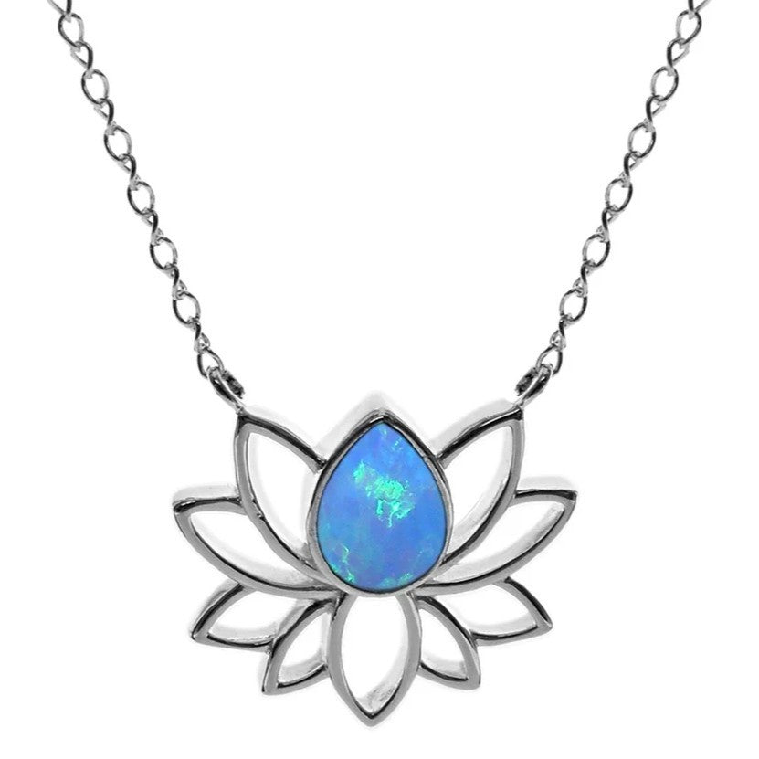 Opal Lotus Flower Necklace Solid Sterling Silver 925 Hallmarked British Made