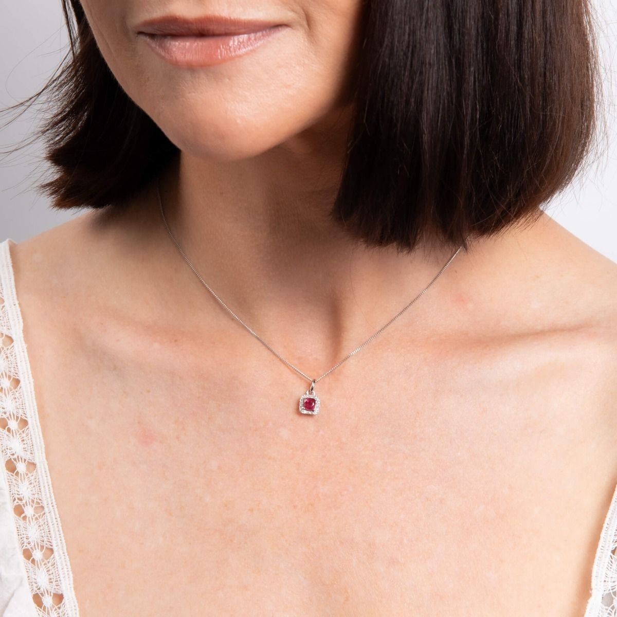 Ruby & Diamond Halo Pendant & Earrings Set 9ct White Gold 375 Hallmarked