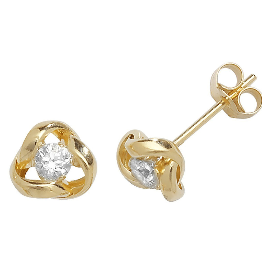 Soltaire Knot Stud Earrings 9ct Yellow Gold 375 Hallmarked Brand New Boxed