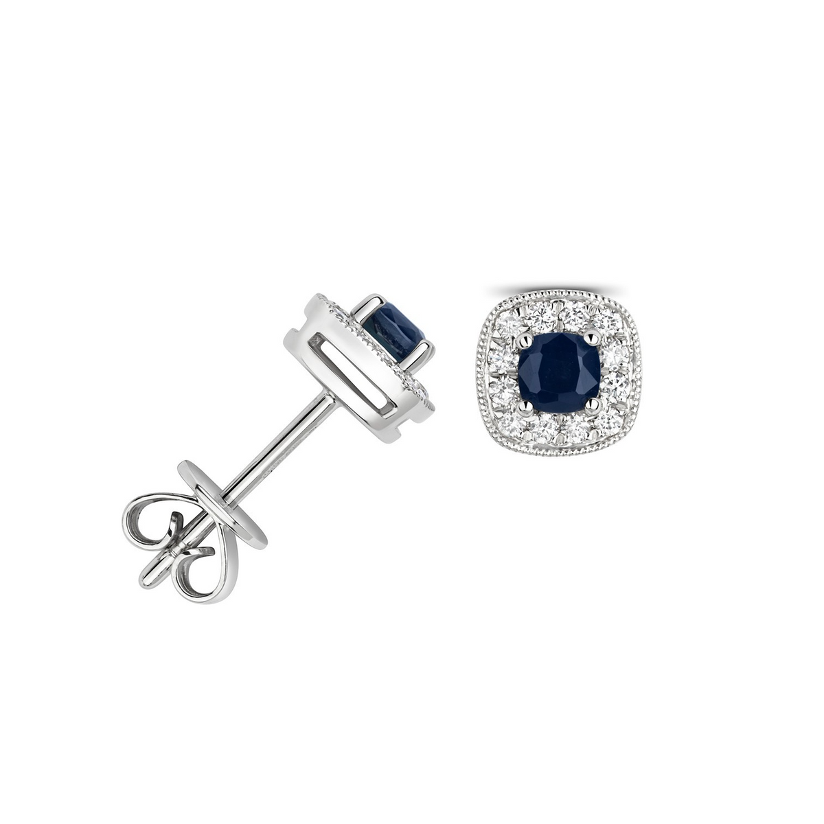 Sapphire Diamond Cushion Stud Earrings 9ct  White Gold 375 Hallmark British Made