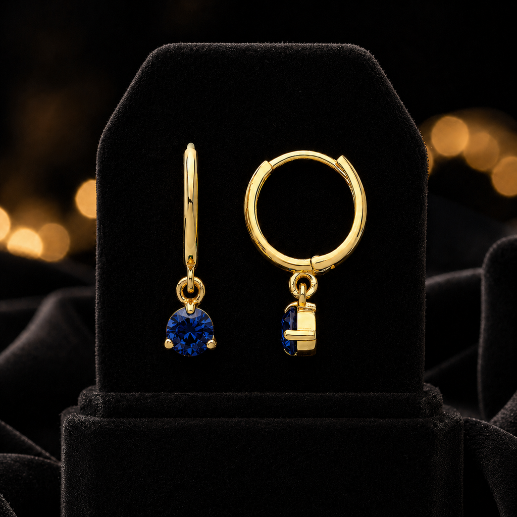 Yellow Gold Sapphire Earrings Drop Hoops Natural Stone 375 9 Carat New Boxed