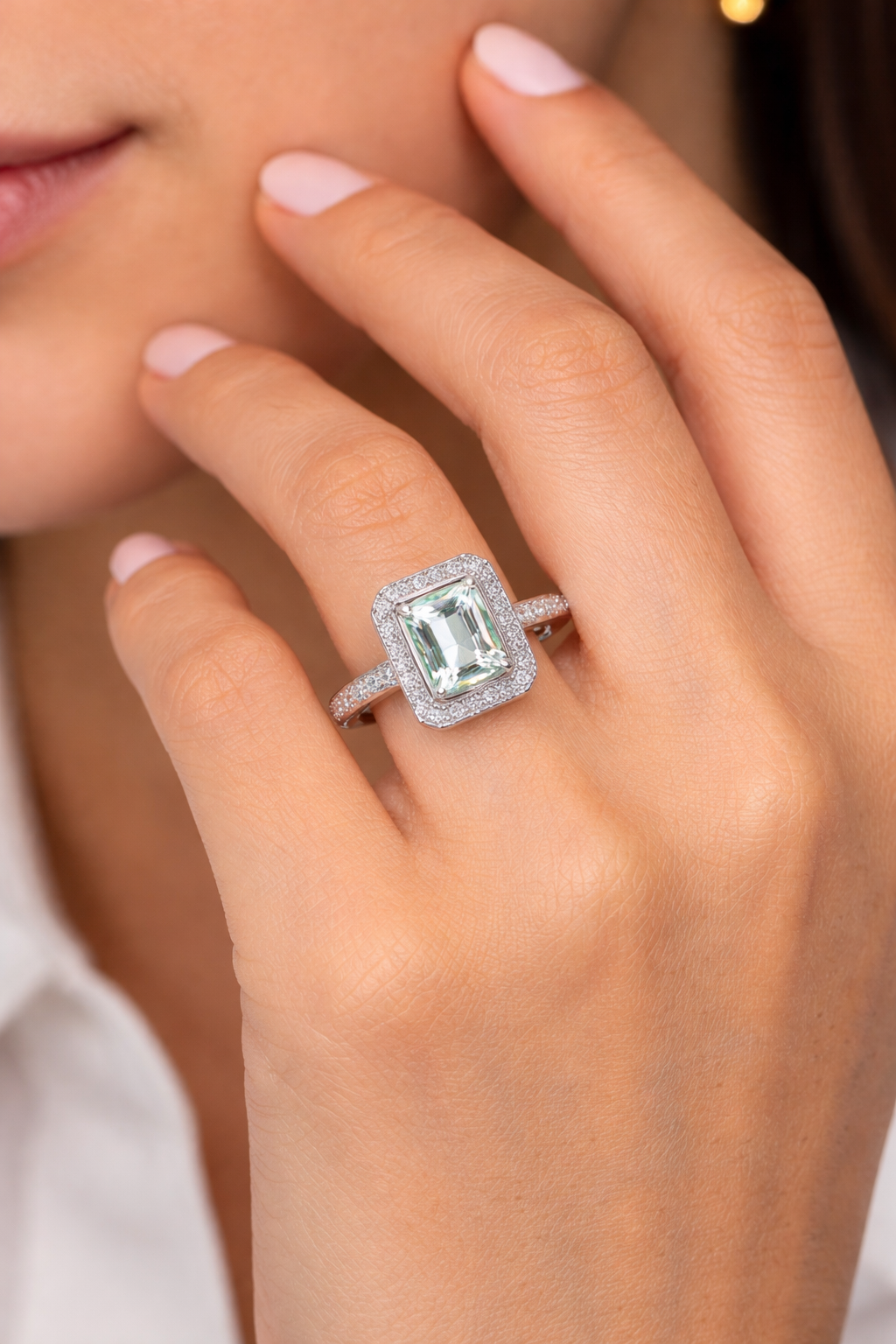 Sterling Silver Halo Ring Engagement Emerald Cut Gemstone 925 Hallmark Size M-R