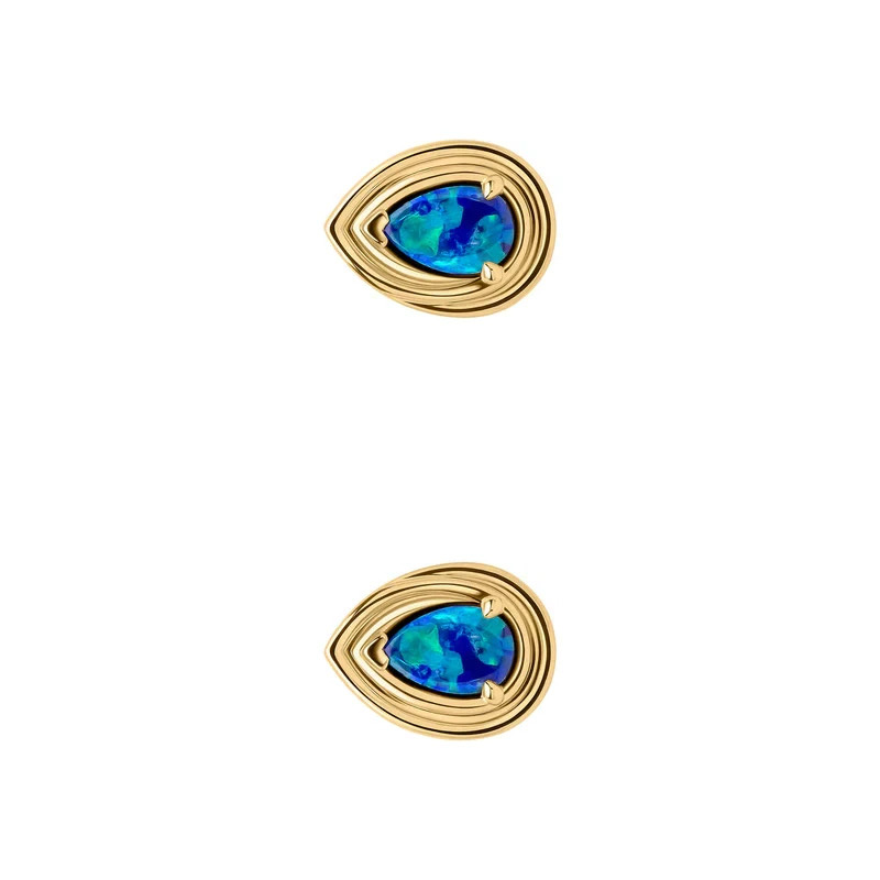 Blue Opal Teardrop Stud Earrings 9ct Yellow Gold 375 Hallmarked British Made