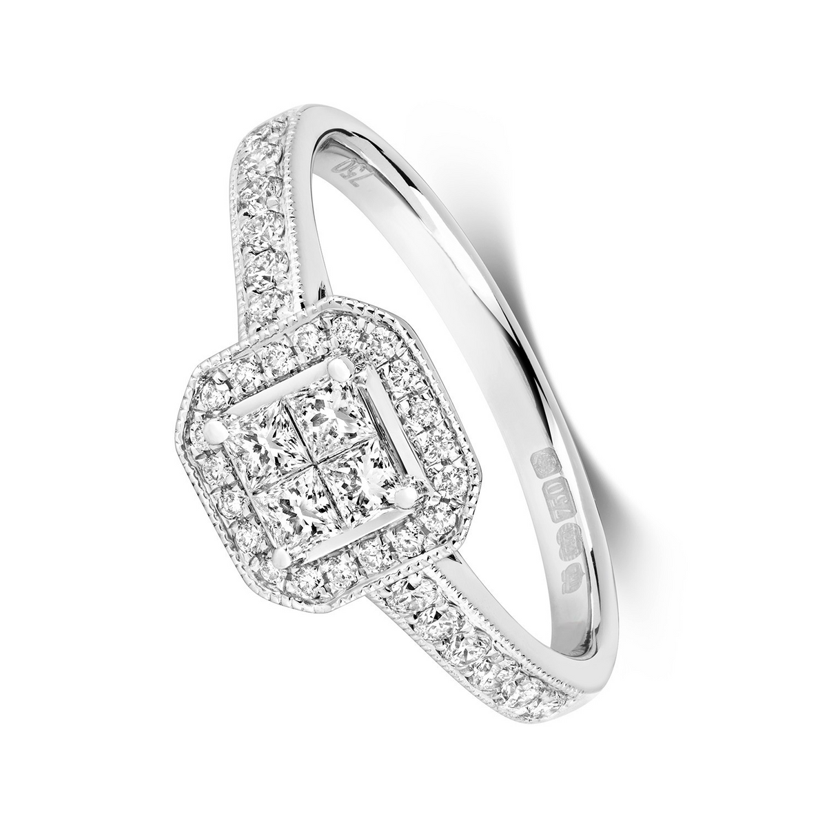 Princess Natural Diamond Halo Ring 18ct White Gold Hallmarked Sizes J - Q