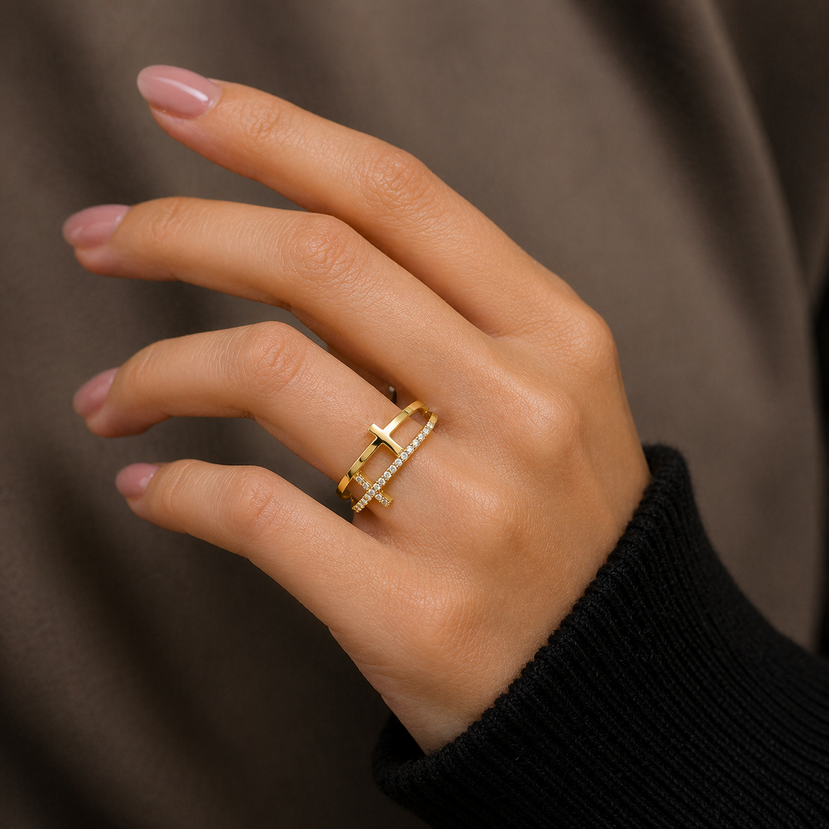 Double Cross Ring 9ct Yellow Gold Hallmarked Sizes K - Q British Made