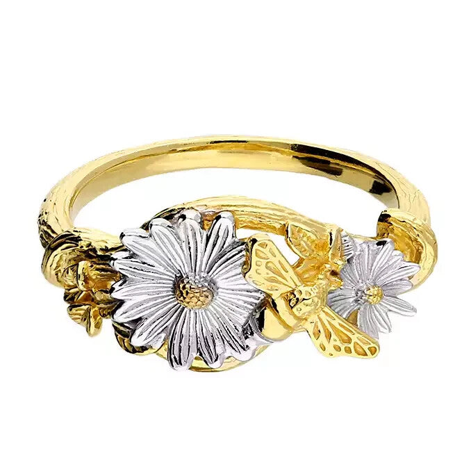 2 Tone Floral Ring 9ct Yellow Gold Plated Hallmarked British Made Size L - R