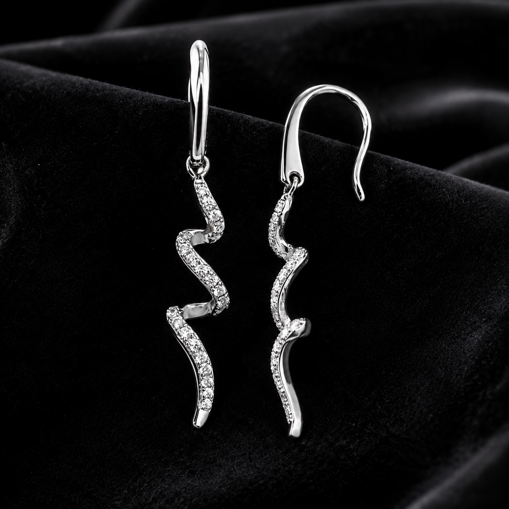 Stone-Set Wave Drop Earrings Sterling Silver 925 Hallmarked Brand New Boxed