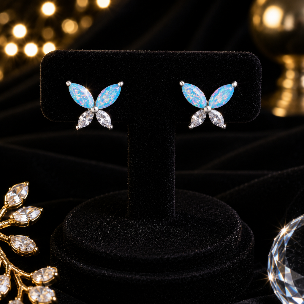 Opal Butterfly Stud Earrings Sterling Silver 925 Hallmarked British Made