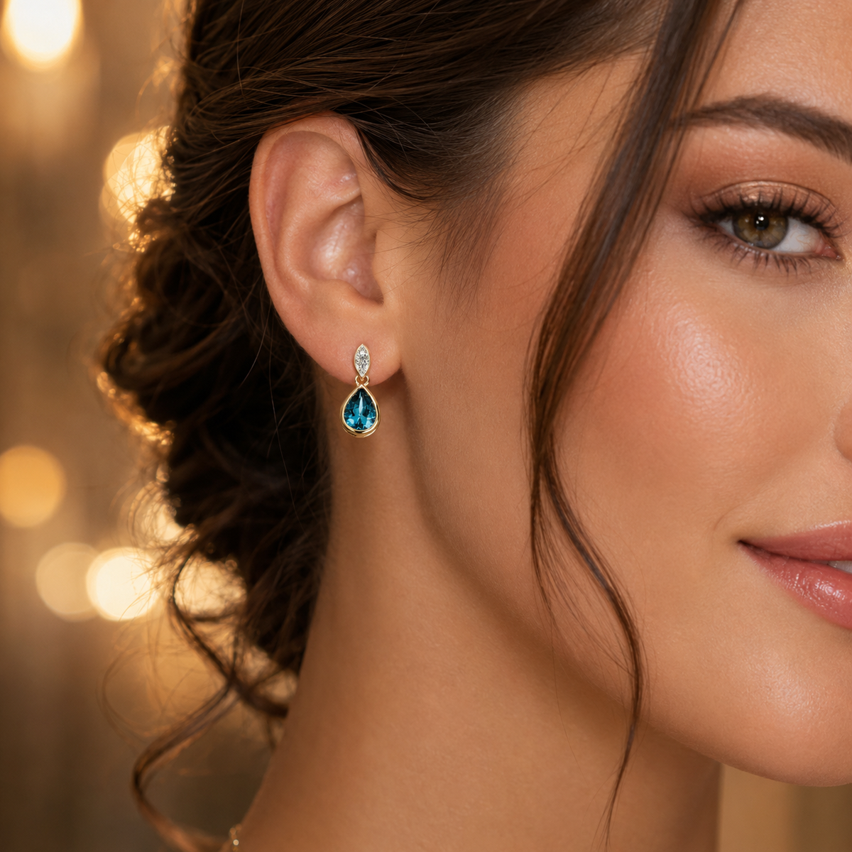 Blue Topaz and Diamond Pear Earrings 9k Yellow Gold Hallmark British Made