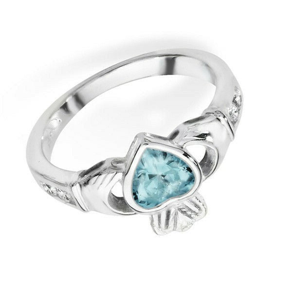 Sterling Silver Aquamarine Ring Claddagh March Stone 925 Hallmarked Size J - R