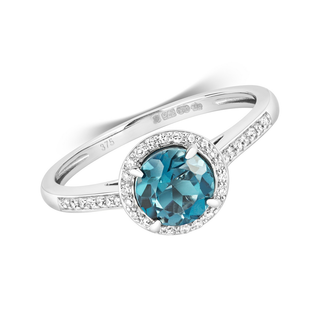 Round Halo Blue Topaz Diamond Ring 9ct White Gold 375 Hallmarked Sizes J - Q