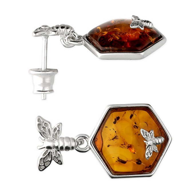 Amber Bee Drop Earrings Sterling Silver 925 Hallmarked British Made Brand New