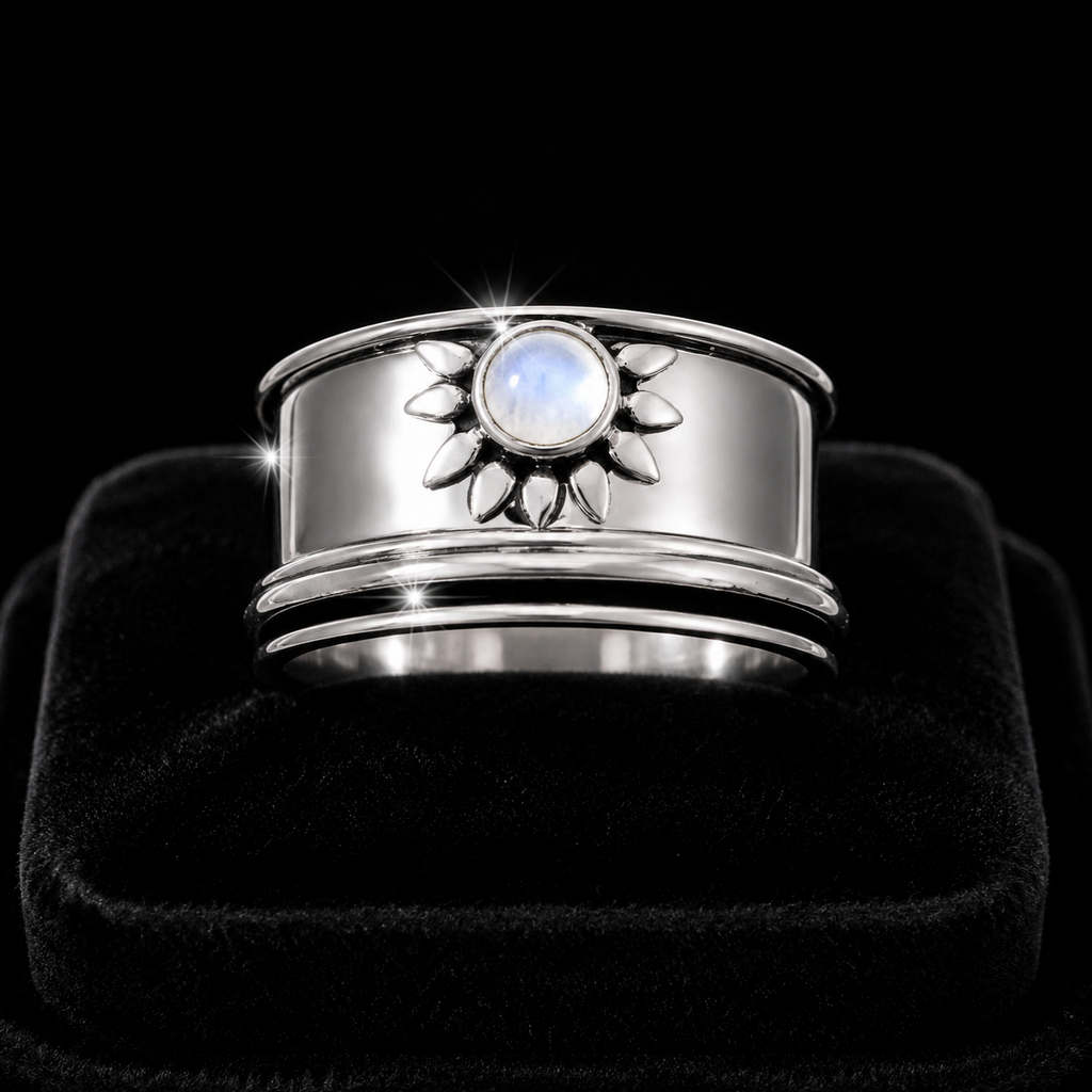 Sunray Moonstone Spinner Ring Sterling Silver 925 Hallmarked Size K - T
