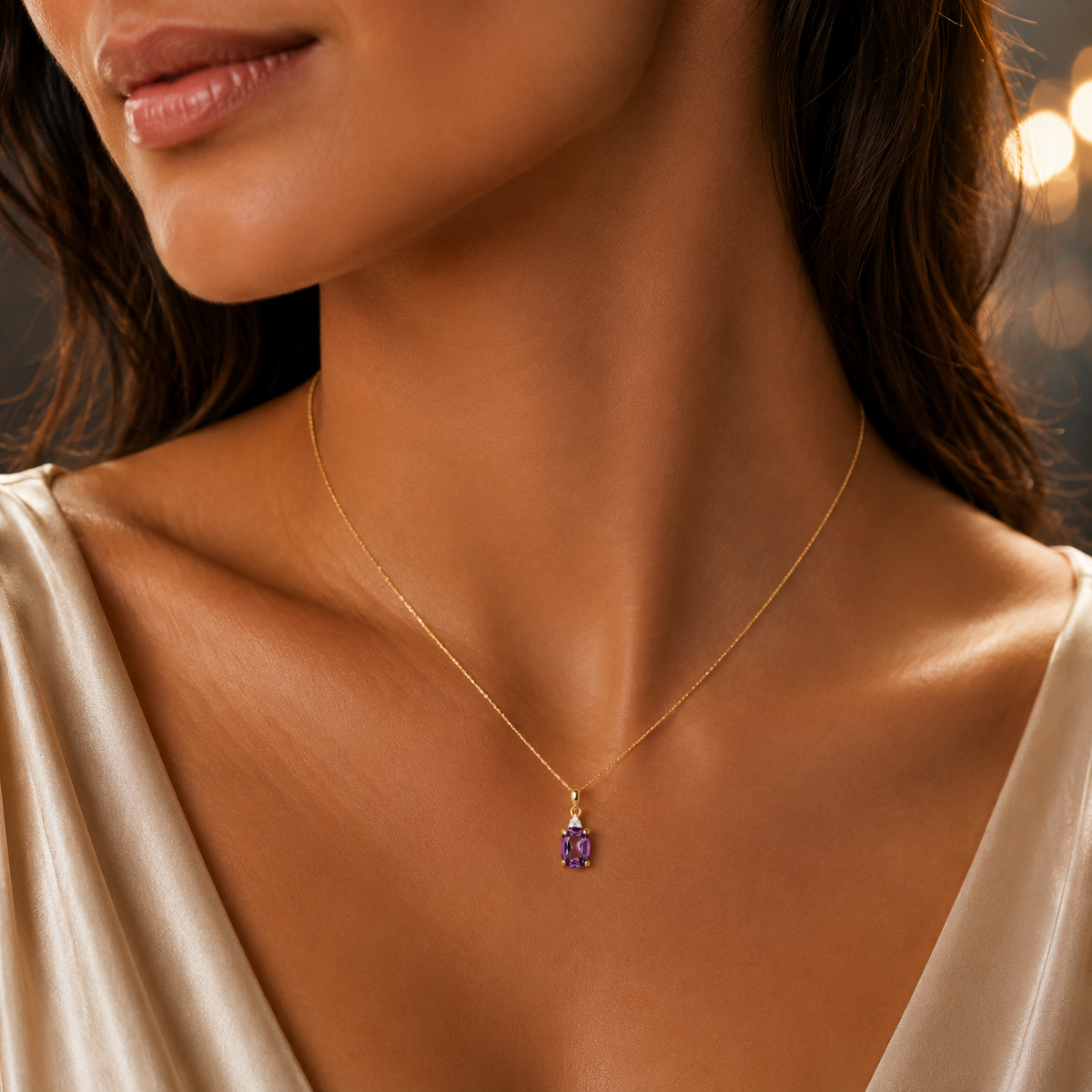 Cushion Amethyst Diamond Pendant 9ct Yellow  Gold 375 Hallmark Chain Lengths