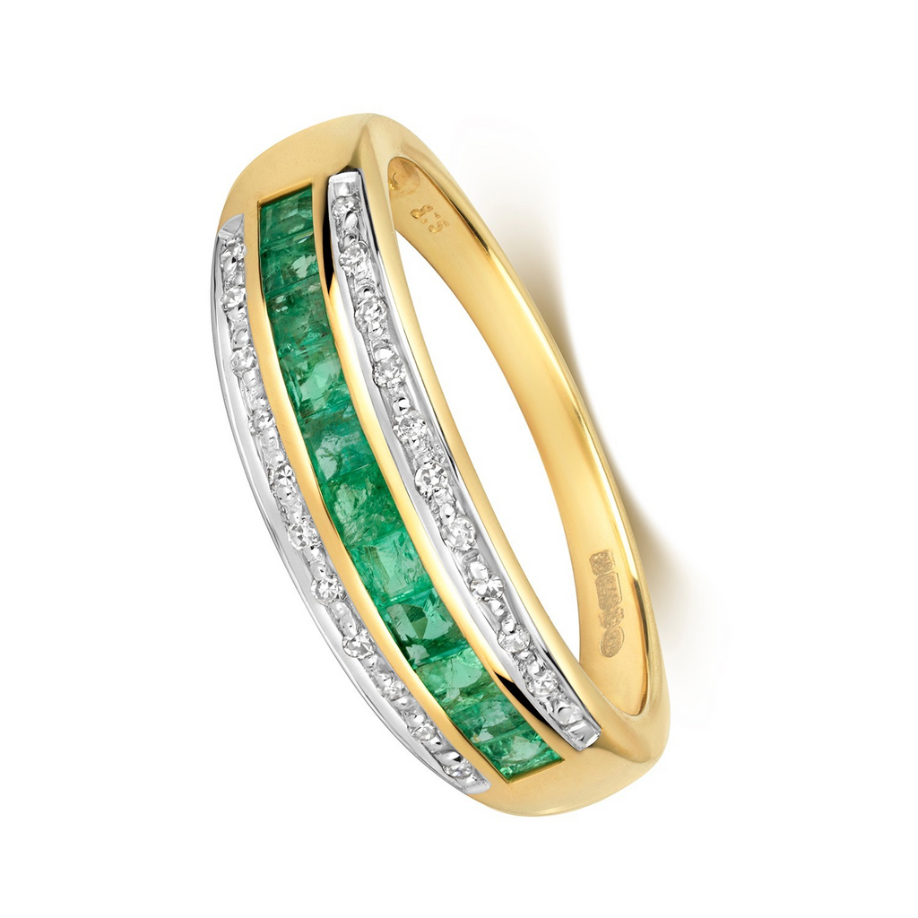 Emerald Diamond Band Ring 9ct 2 Tone Gold 375 Hallmark Sizes J - Q British Made