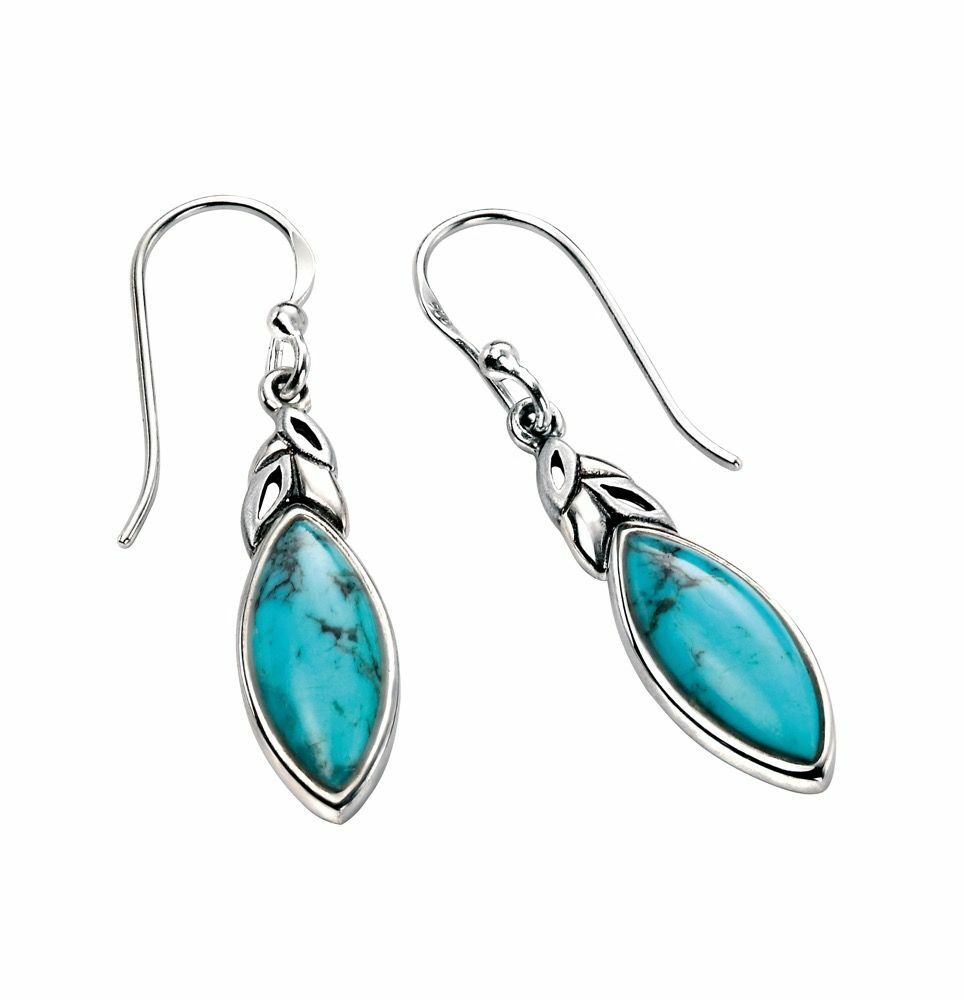 Real Turquoise Leaf Drop Earrings Solid Sterling Silver 925 Hallmarked