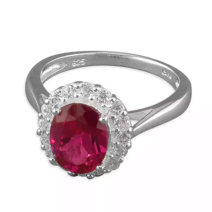 Oval Halo Ruby Ring Sterling Silver 925 Hallmarked British Made Size M - R
