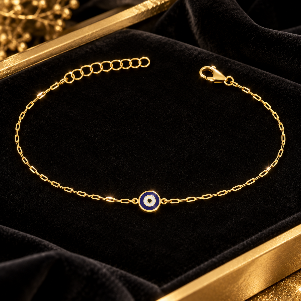 Blue Evil Eye Adjustable Bracelet 9ct Yellow Gold 375 Hallmarked British Made