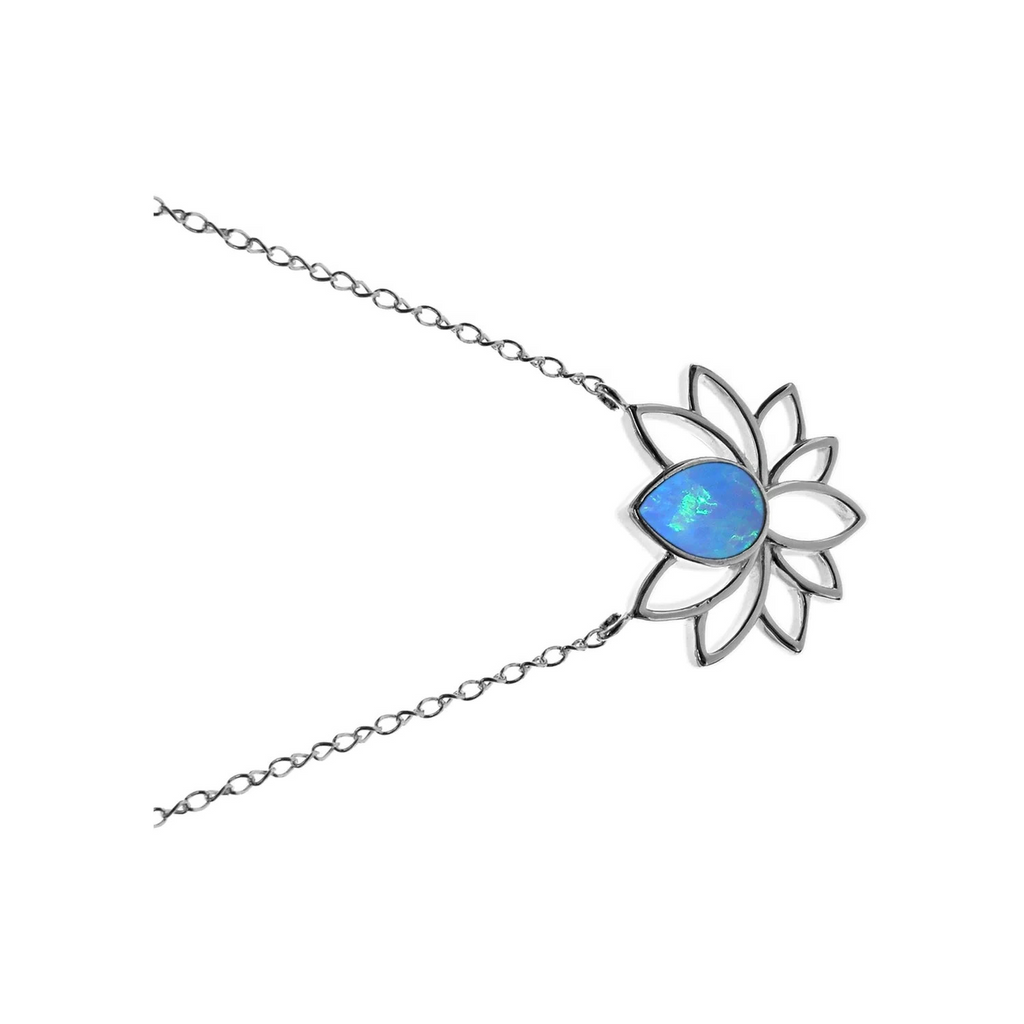 Opal Lotus Flower Necklace Solid Sterling Silver 925 Hallmarked British Made