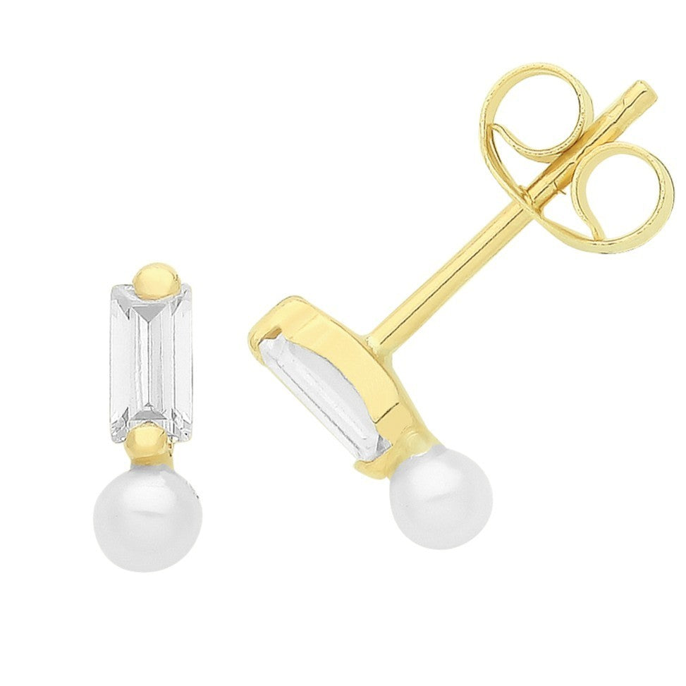 Baguette Natural Pearl Stud Earrings 9ct Yellow Gold 375 Hallmarked Brand New